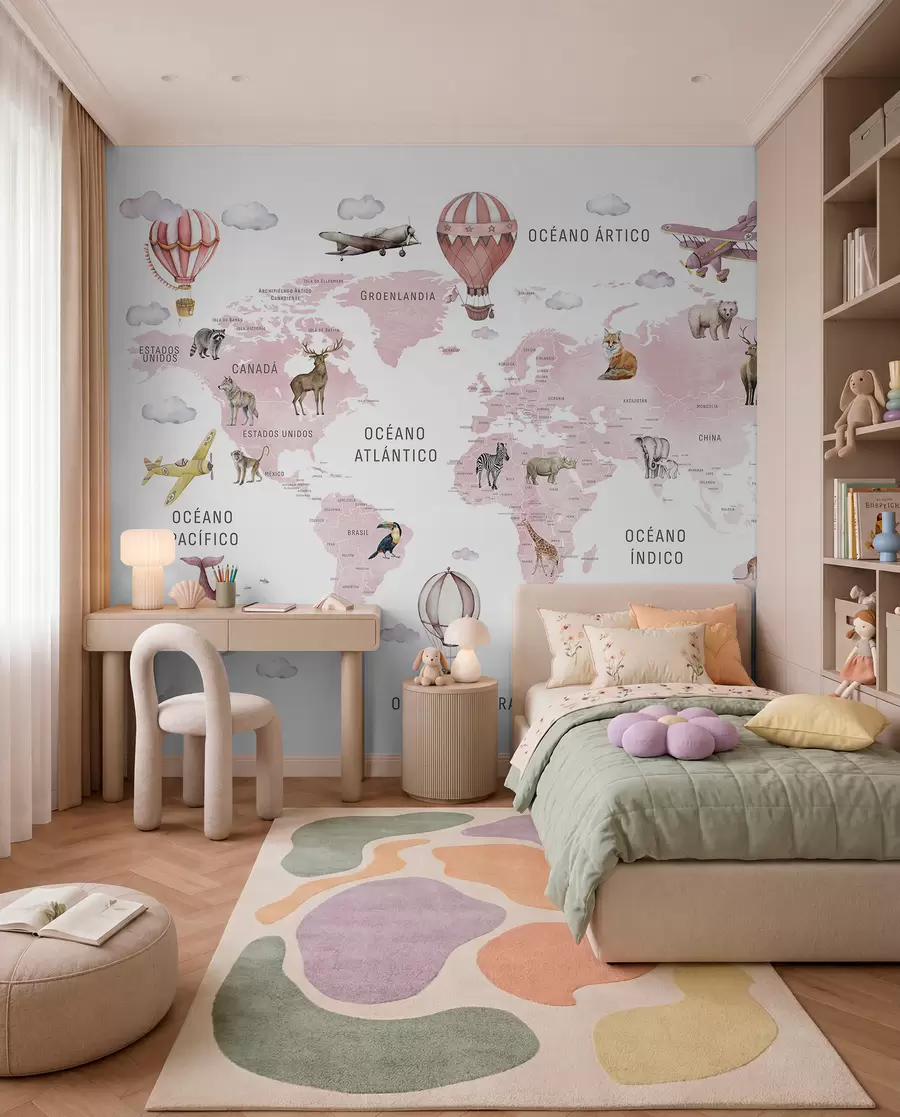 murales de pared Mapa de estilo acuarela para niños con animales y globos aerostáticos. En español. Rosa. c00001esv3