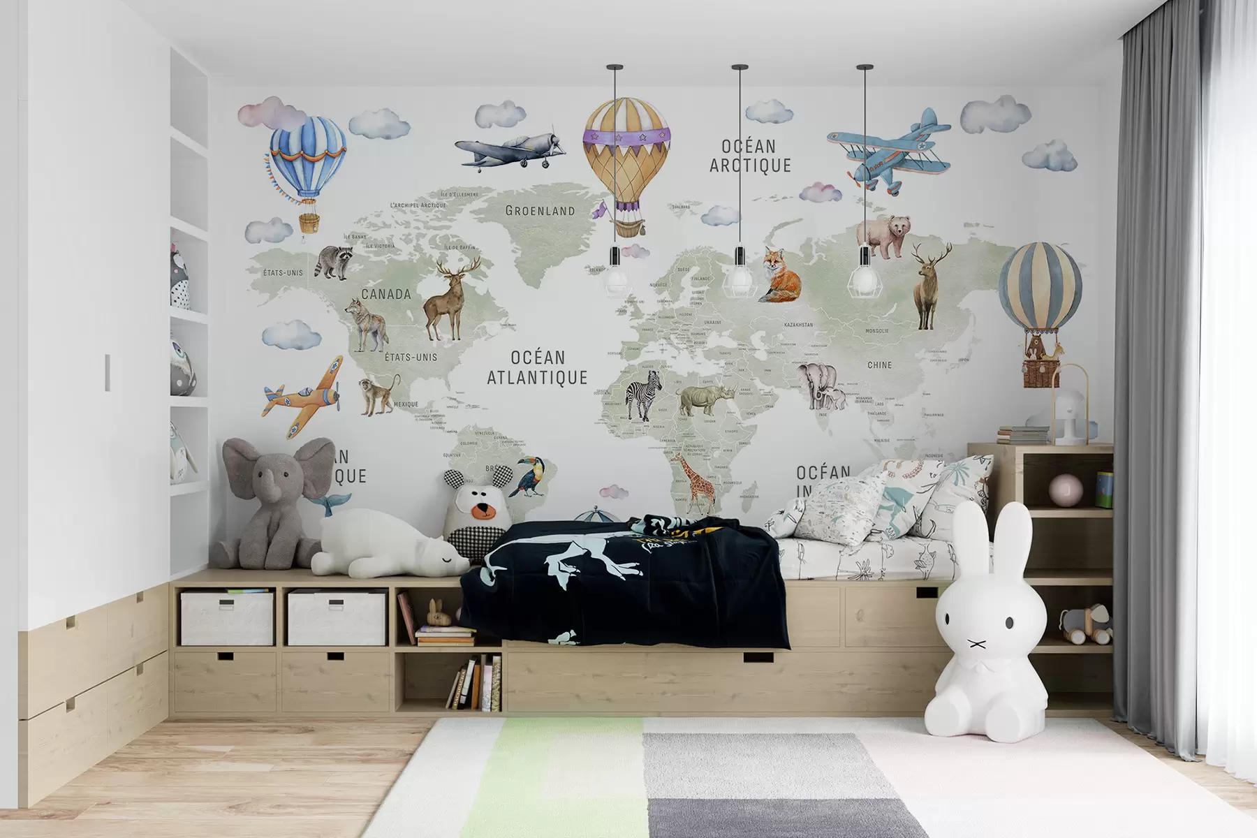 murales de pared Mapa de estilo acuarela para niños con animales y globos aerostáticos. En francés. Color verde. c00001fr
