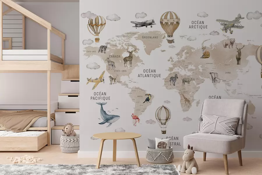 murales de pared Mapa infantil en estilo acuarela con animales y globos aerostáticos. Idioma francés. Color beige. c00001frv2