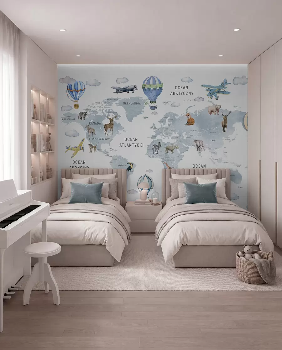 murales de pared Mapa de estilo acuarela para niños con animales y globos aerostáticos. Idioma polaco. Color azul. c00001plv1