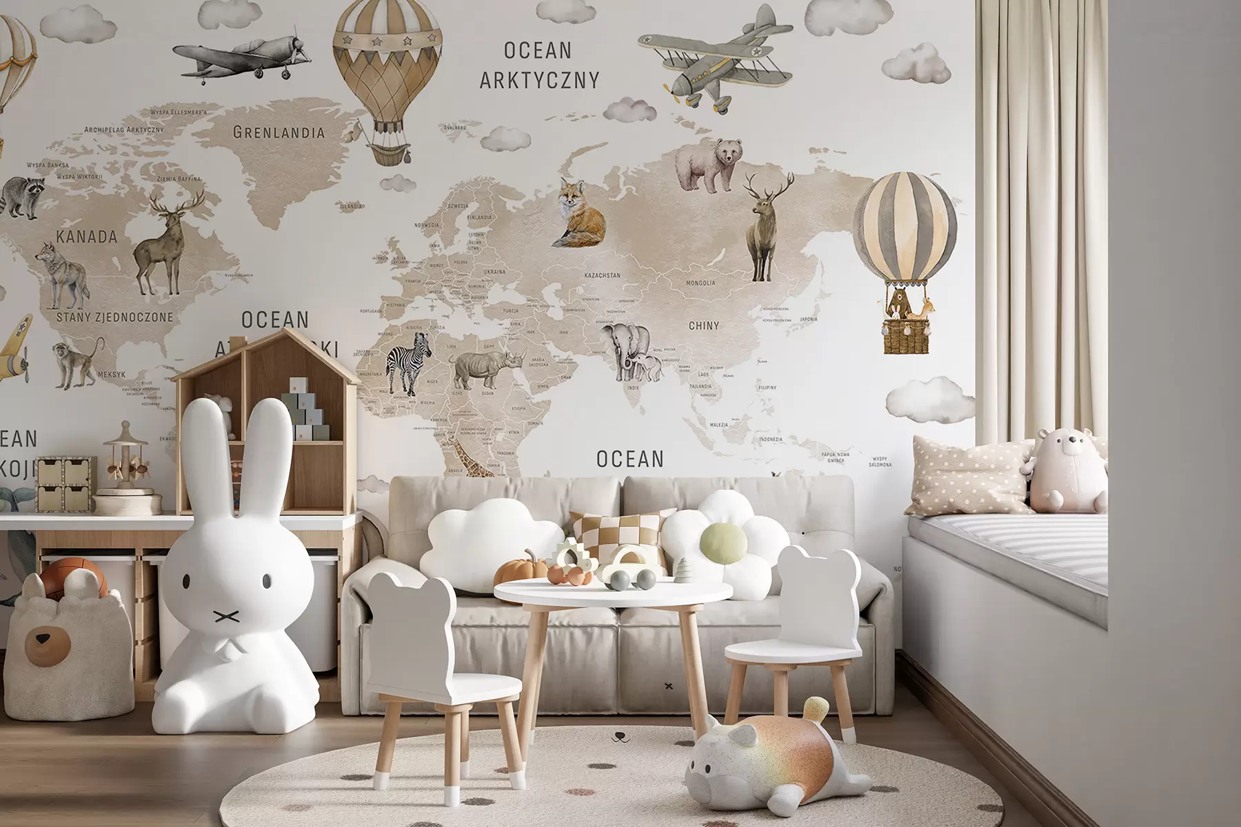 murales de pared Mapa infantil en estilo acuarela con animales y globos aerostáticos. Idioma polaco. Color beige c00001plv2