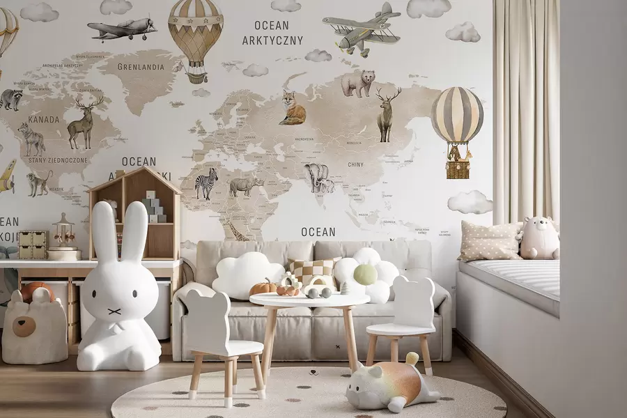 murales de pared Mapa infantil en estilo acuarela con animales y globos aerostáticos. Idioma polaco. Color beige. c00001plv2