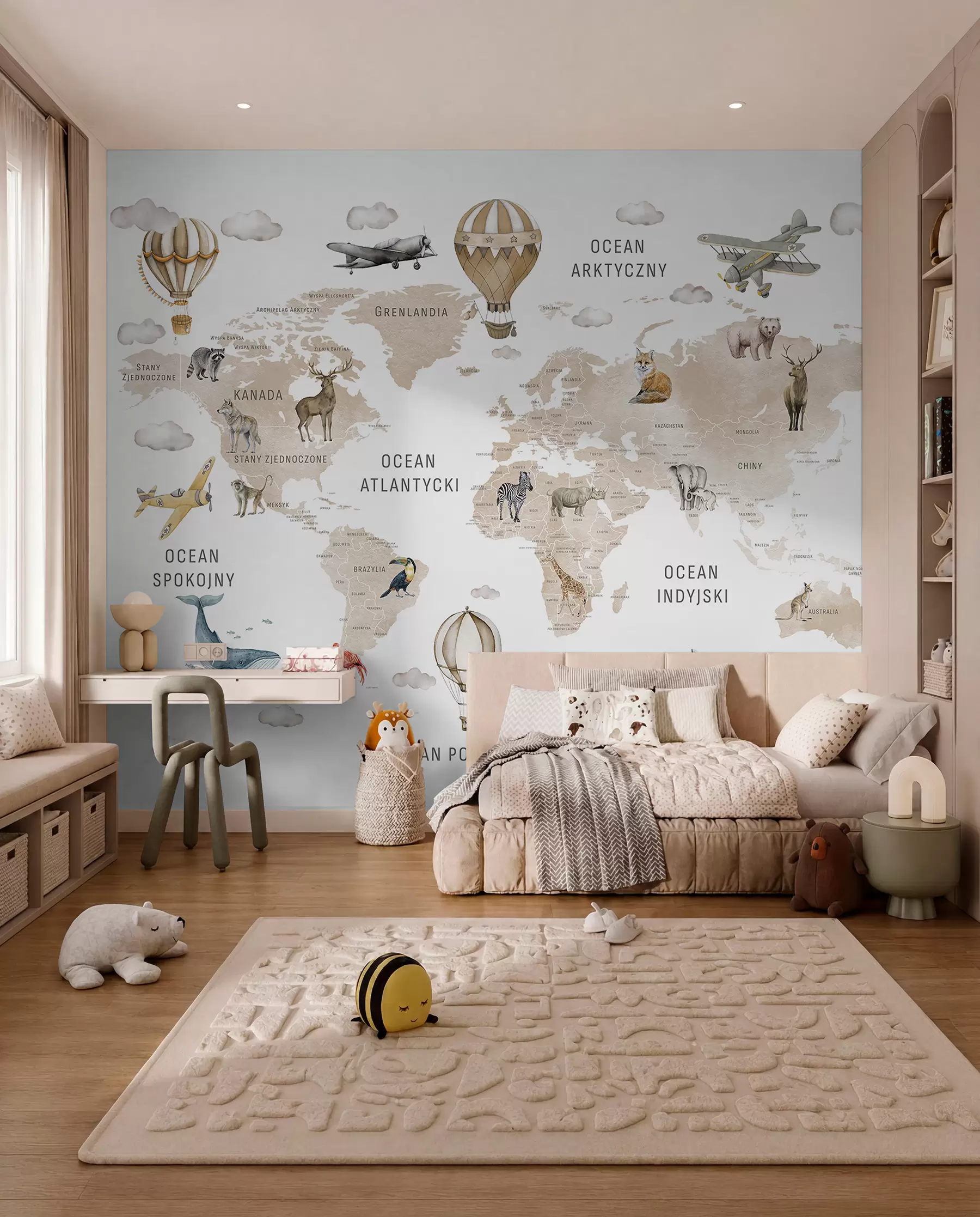 murales de pared Mapa de estilo acuarela para niños con animales y globos aerostáticos. Idioma polaco. Color beige. c00001plv2
