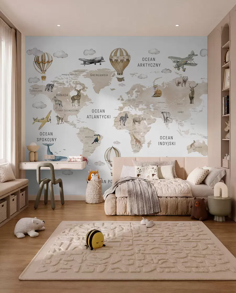 murales de pared Mapa de estilo acuarela para niños con animales y globos aerostáticos. Idioma polaco. Color beige. c00001plv2