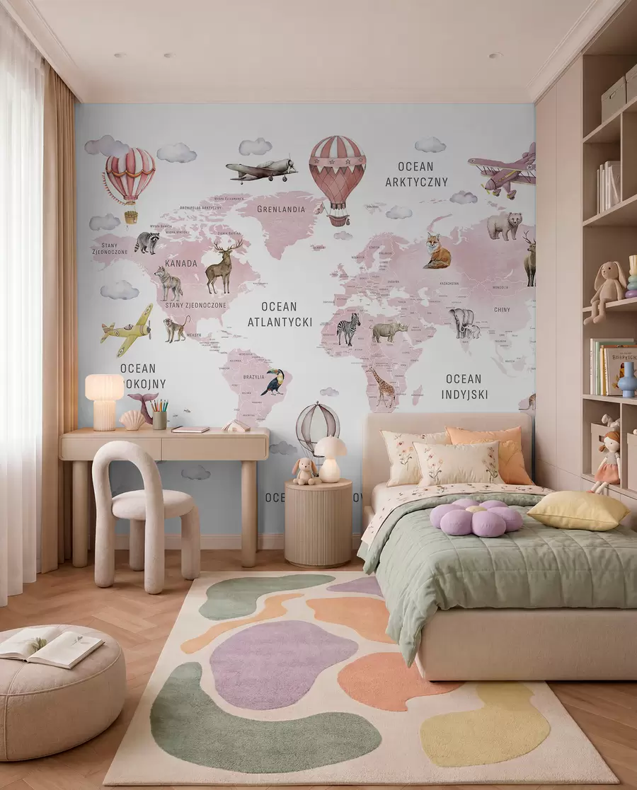 murales de pared Mapa de estilo acuarela para niños con animales y globos aerostáticos. Idioma polaco. Color rosa. c00001plv3