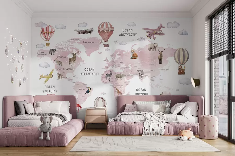 murales de pared Mapa infantil en estilo acuarela con animales y globos aerostáticos. Idioma polaco. Color rosa. c00001plv3