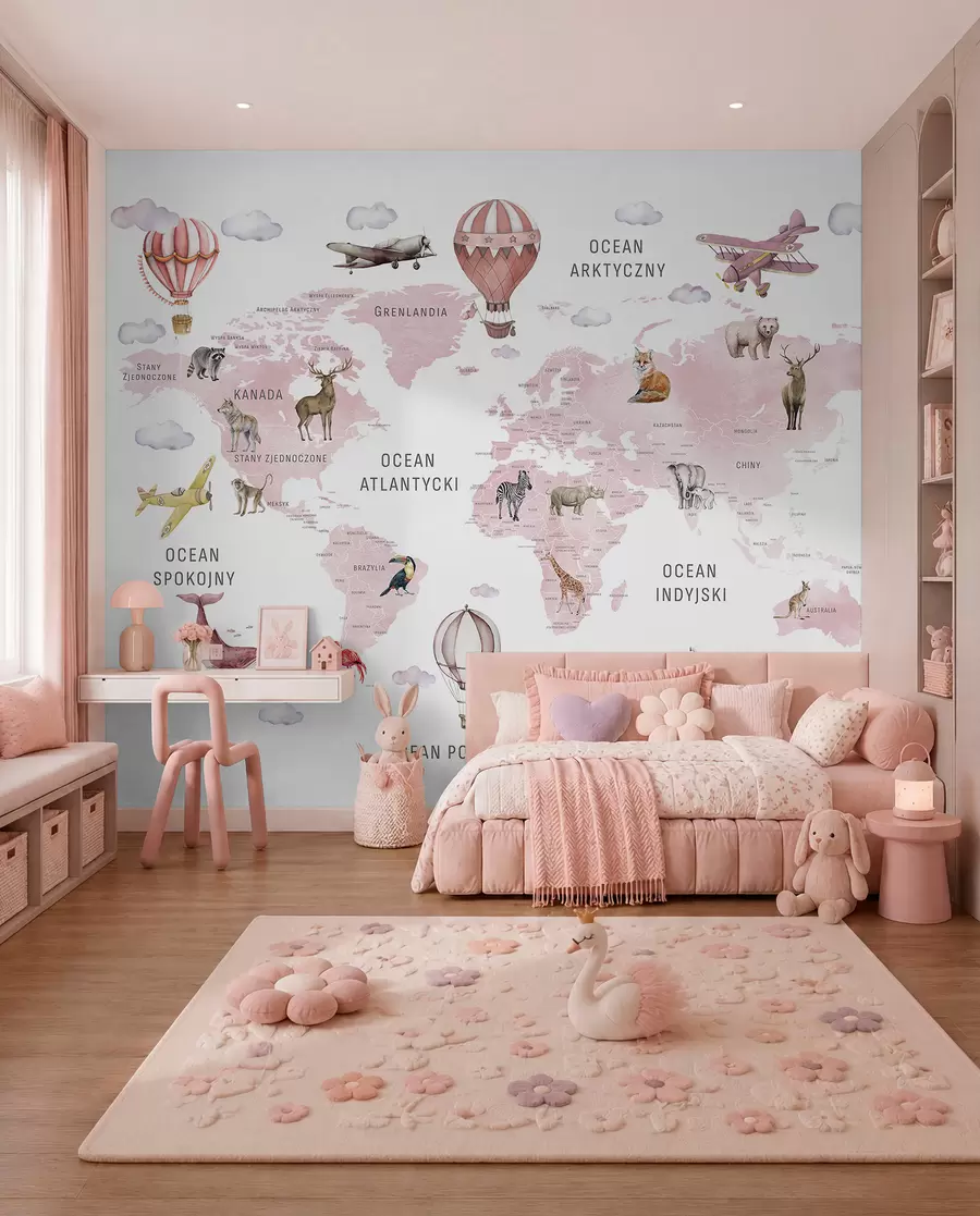 murales de pared Mapa de estilo acuarela para niños con animales y globos aerostáticos. Idioma polaco. Color rosa. c00001plv3