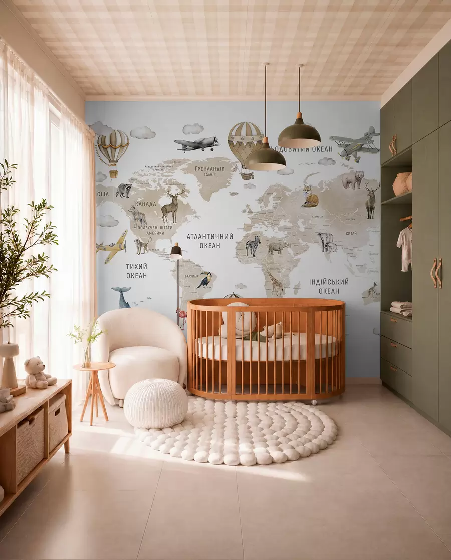 murales de pared Mapa de estilo acuarela para niños con animales y globos aerostáticos. Idioma: ucraniano. Color: beige. c00001ukv2