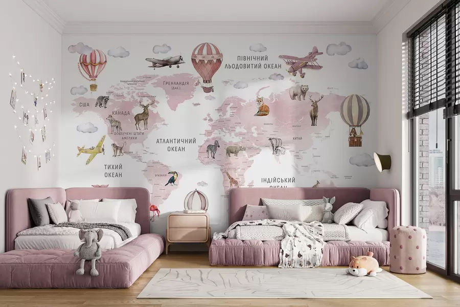 murales de pared Mapa infantil en estilo acuarela con animales y globos aerostáticos. Idioma ucraniano. Color rosa c00001ukv3
