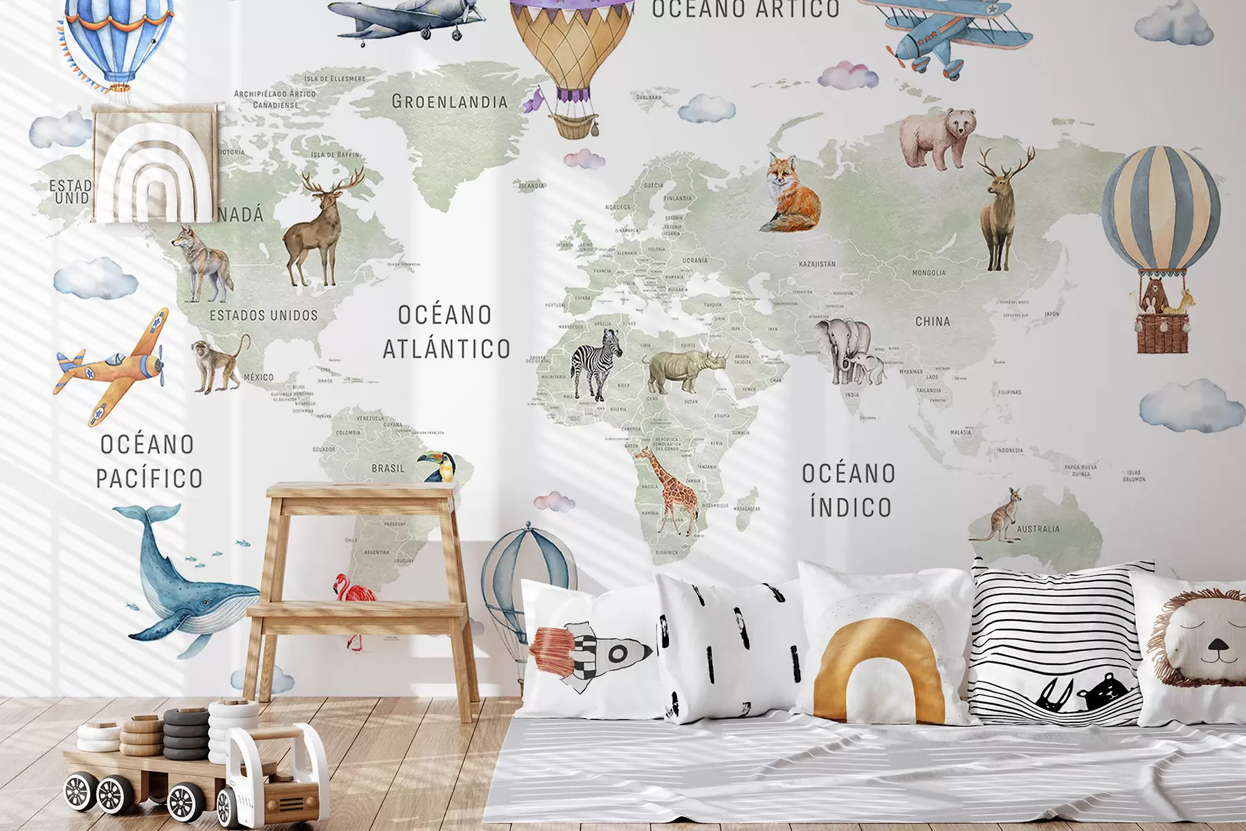 murales de pared Mapa de estilo acuarela para niños con animales y globos aerostáticos. Idioma: español. Color verde. c00001es