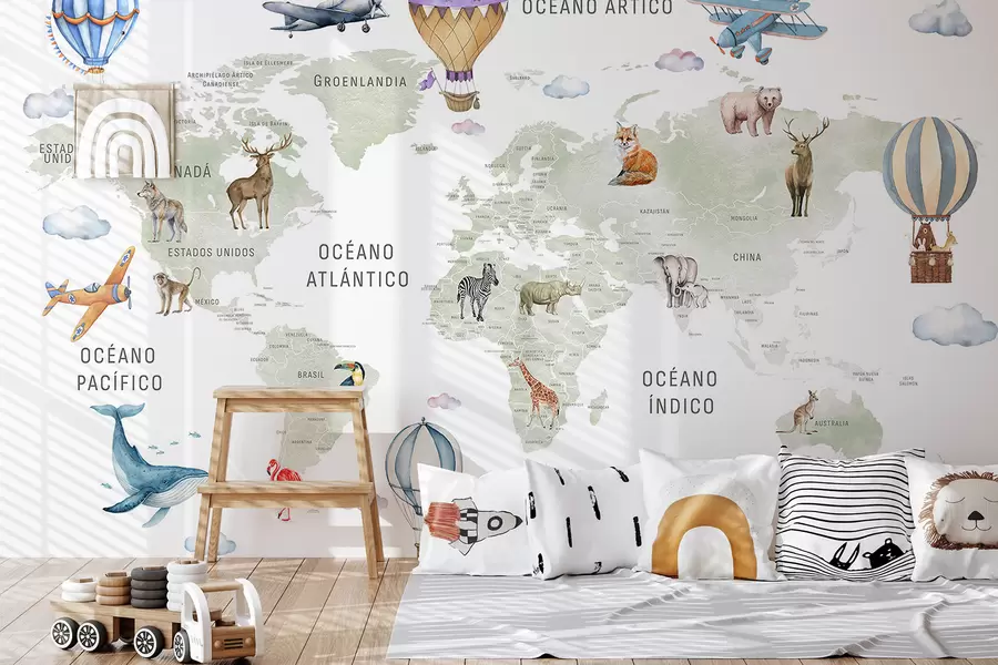 murales de pared Mapa infantil en estilo acuarela con animales y globos aerostáticos. En español. Color verde c00001es