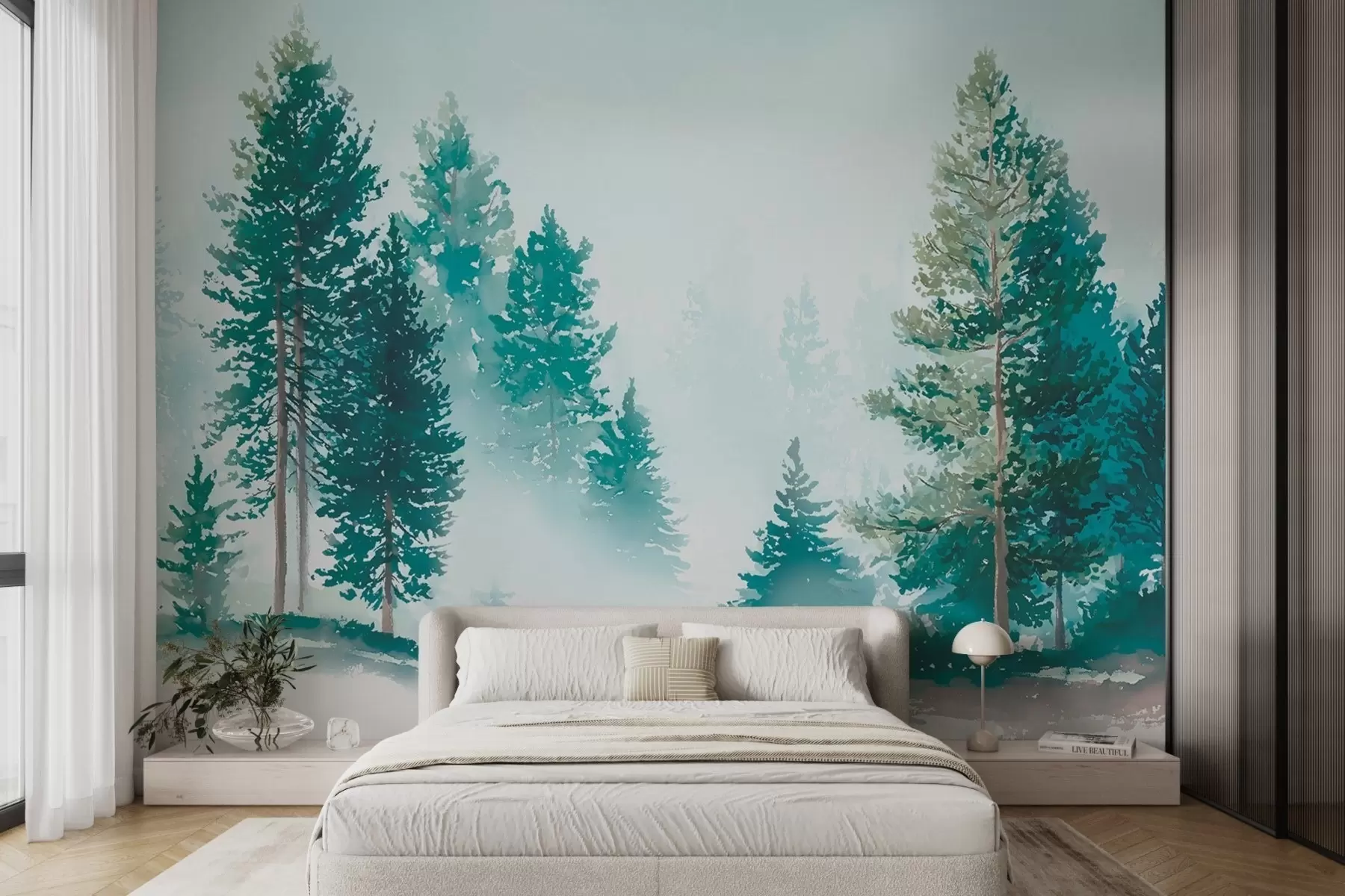 murales de pared Bosque de pinos brumoso en estilo acuarela w09444
