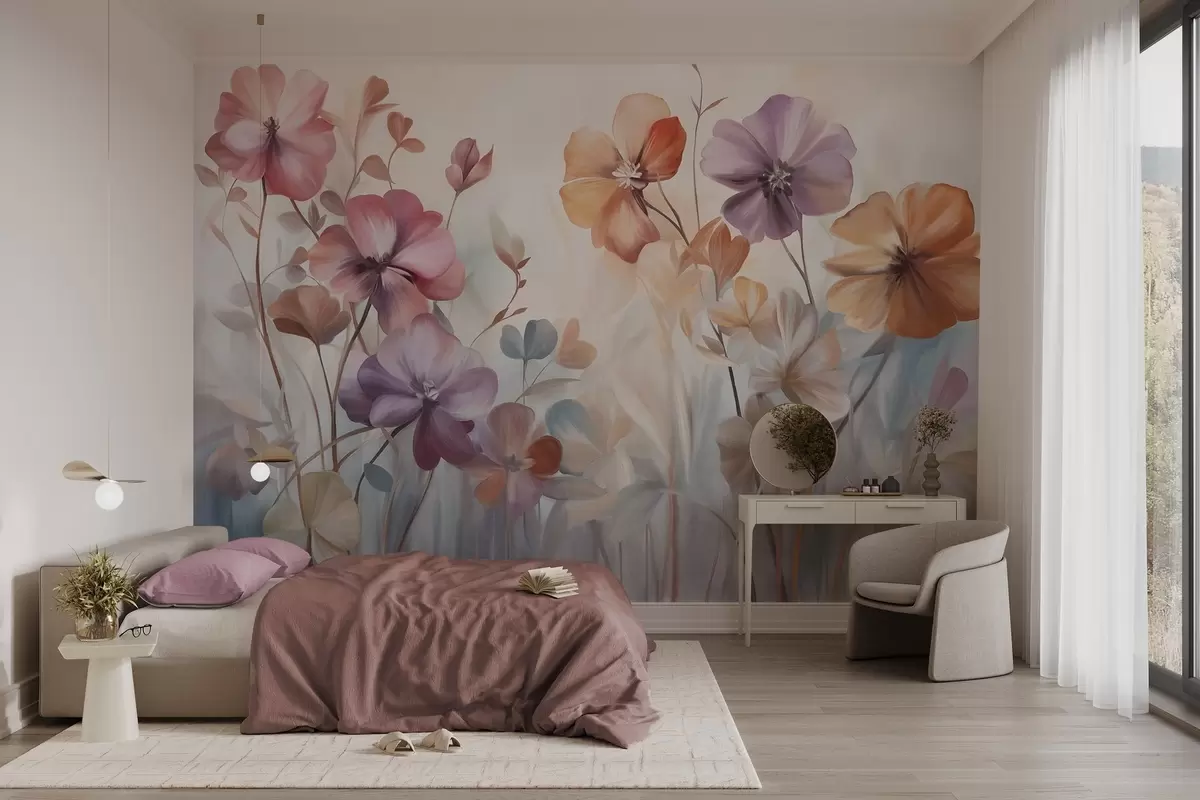Murales de pared Arreglo floral texturizado con flores rosas, moradas y naranjas con tallos y hojas verdes, en suaves colores pastel w09486 murales de pared Arreglo floral texturizado con flores rosas, moradas y naranjas con tallos y hojas verdes, en suaves colores pastel w09486