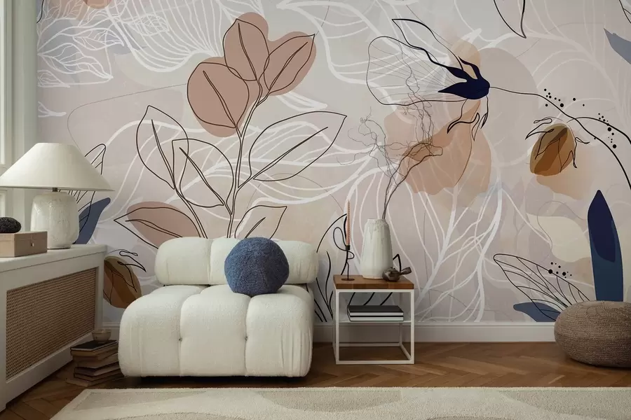 murales de pared Fondo abstracto beige con dibujo lineal de hojas y flores, moderno, minimalista, formas orgánicas, estampado botánico w09487