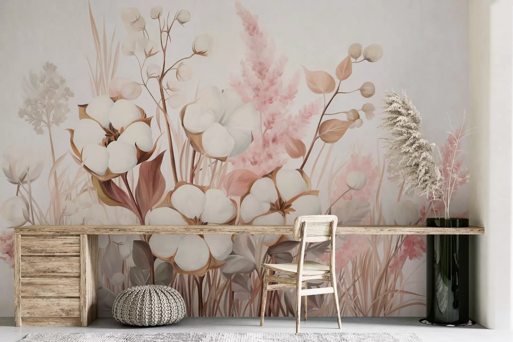 murales de pared Flores con textura de algodón con hierba de la pampa blanca y rosa, hojas y hierbas beige y marrones, fondo blanco w09489