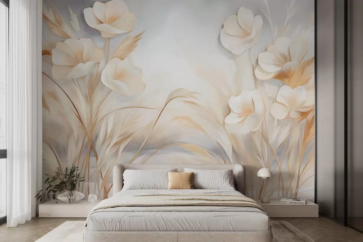 Murales de pared Flores blancas, juncos beige y hierba de la pampa, texturizado, elegante, estilo minimalista, fondo abstracto paisajístico w09490 murales de pared Flores blancas, juncos beige y hierba de la pampa, texturizado, elegante, estilo minimalista, fondo abstracto paisajístico w09490