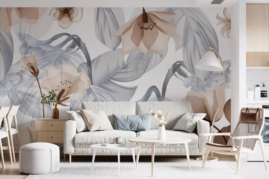 murales de pared Flores marrones y hojas grises, fondo botánico floral, diseño elegante, colores suaves, detalles delicados y ligeros w09497v1