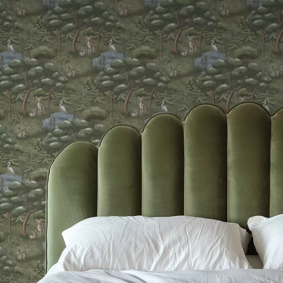 Papel pintado Claro del bosque con cervatillos, conejos y garzas a00680