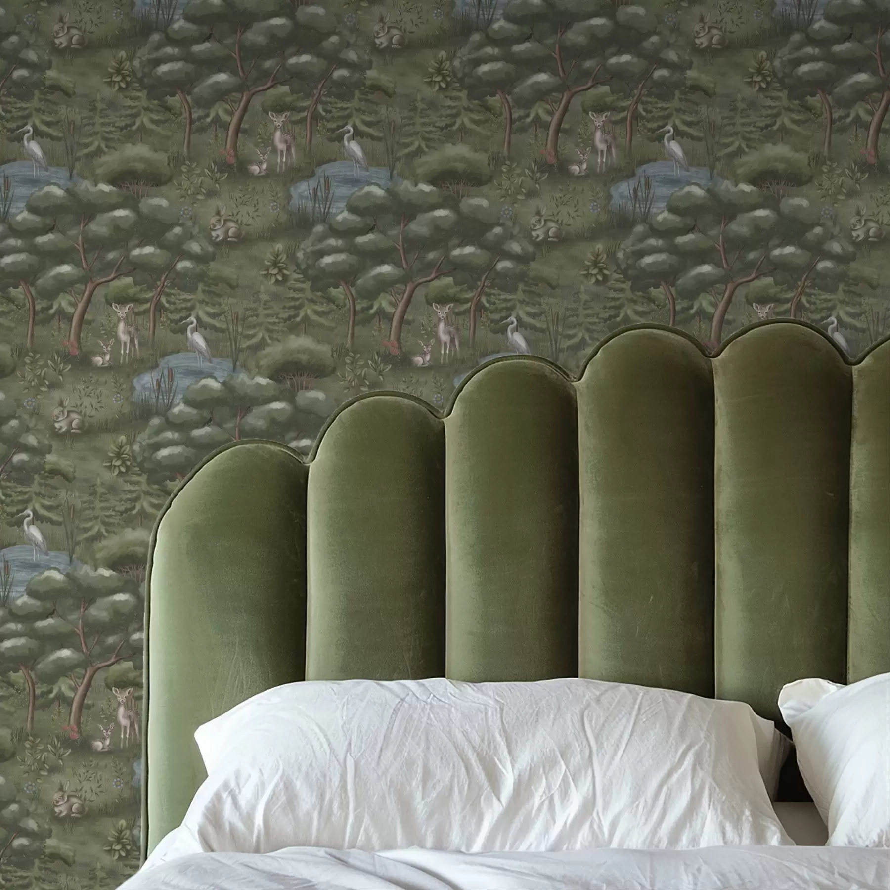 murales de pared Claro del bosque con cervatillos, conejos y garzas a00680