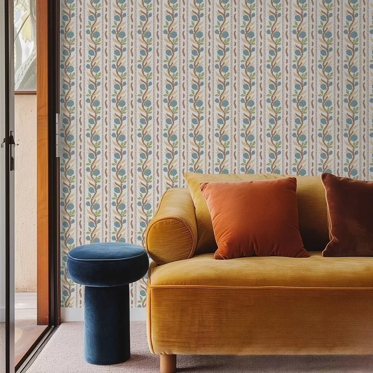 Papel pintado Rayas verticales con flores azules a00816v2