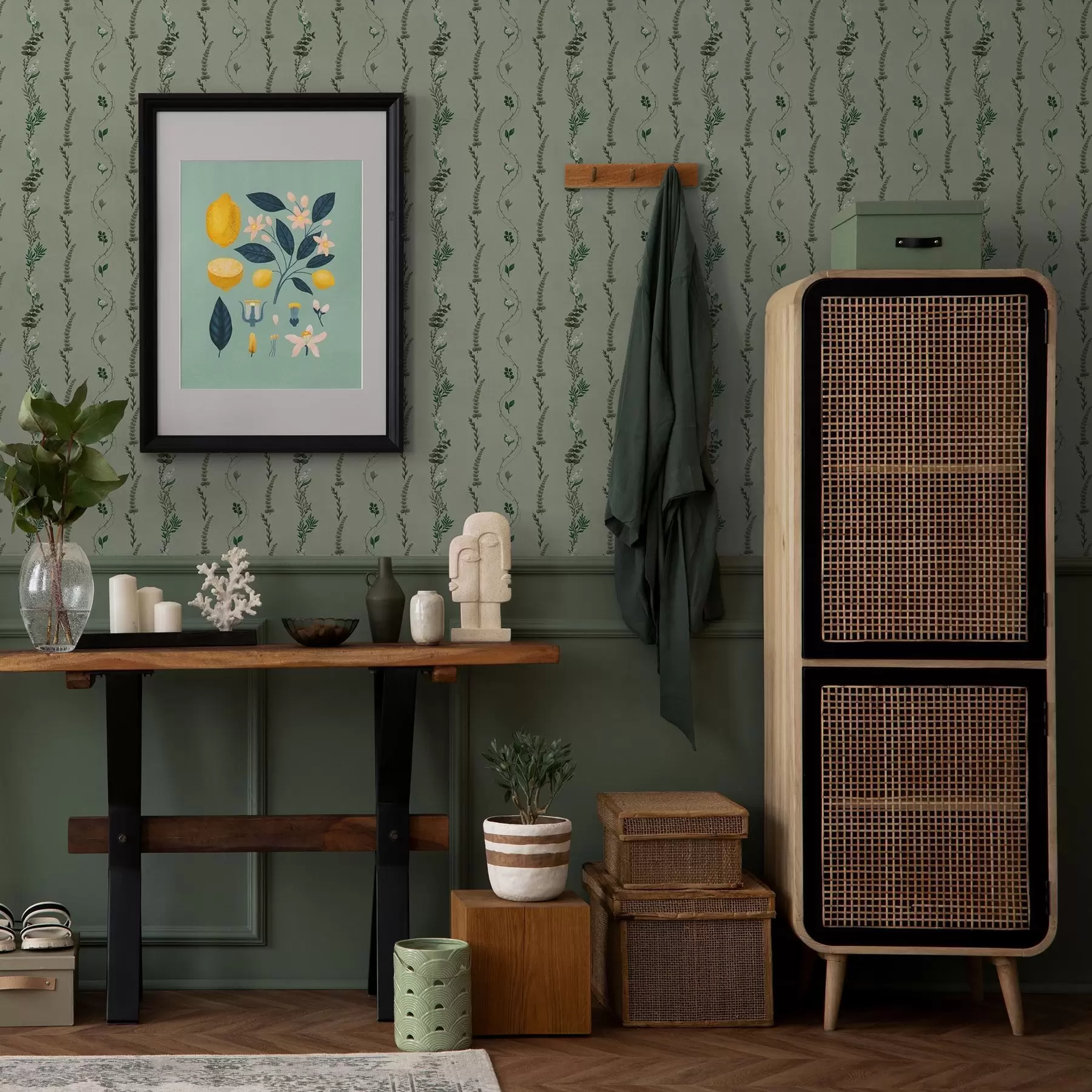 murales de pared Enredaderas verticales y ramitas en verde apagado a00817v1