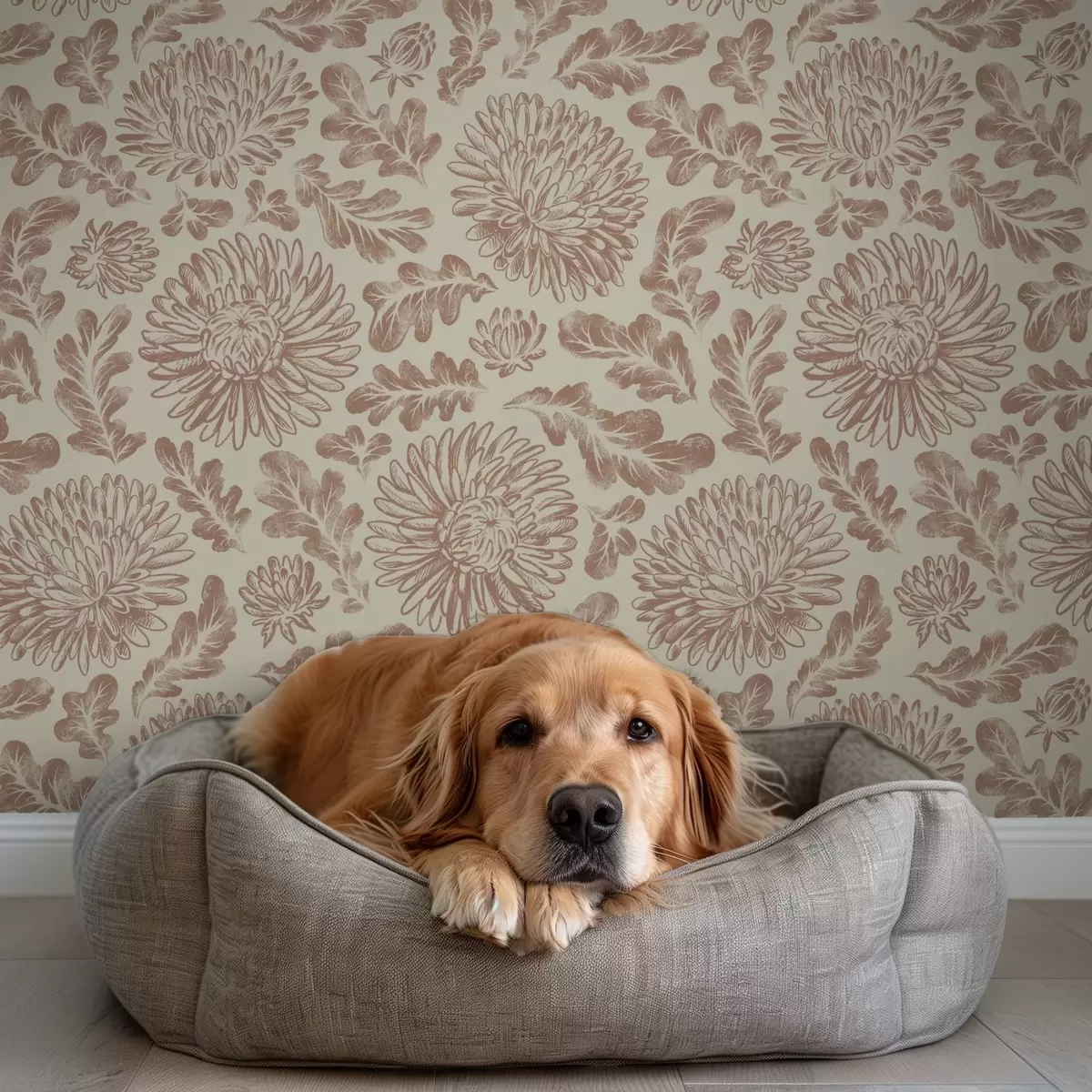Papel pintado Crisantemos y hojas de roble en suave marrón beige. a00840