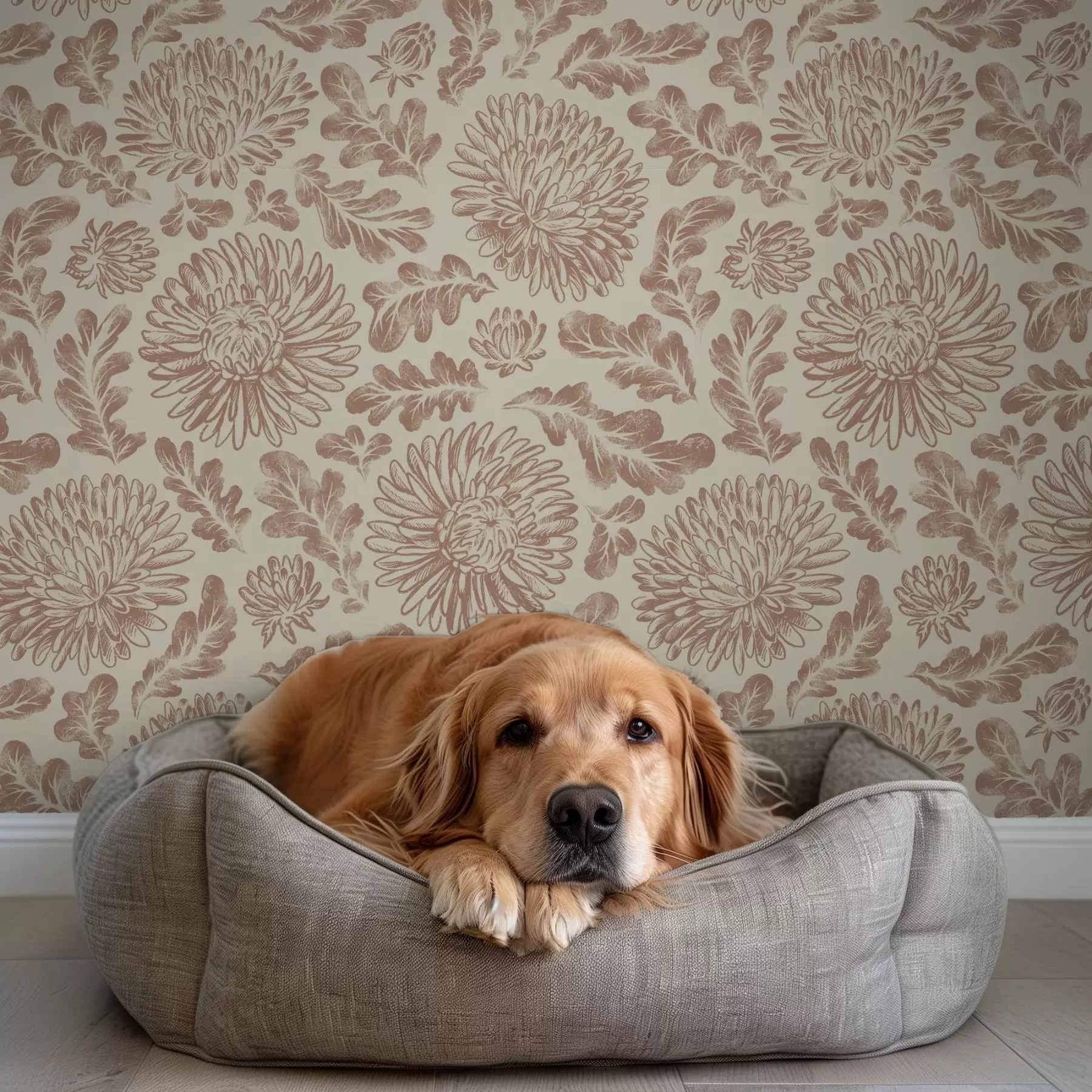 murales de pared Crisantemos y hojas de roble en suave marrón beige a00840
