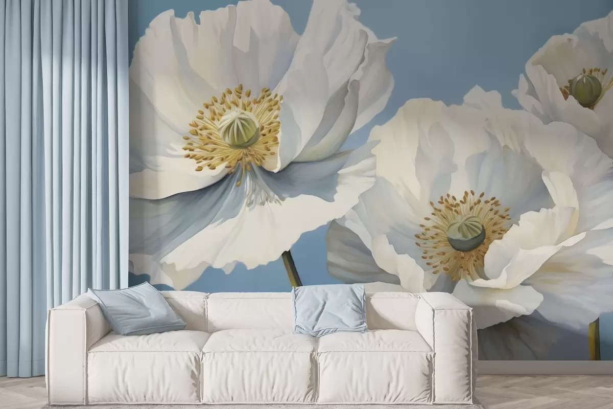 Murales de pared Amapolas blancas con pétalos grandes sobre un fondo azul cielo w04786 murales de pared Amapolas blancas con pétalos grandes sobre un fondo azul cielo w04786
