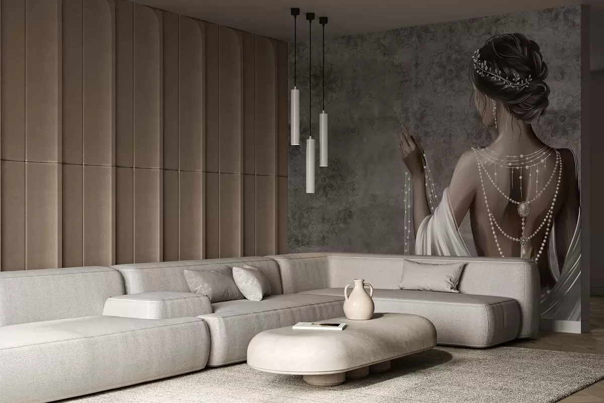 Murales de pared Mujer vista desde atrás con perlas, fondo con patrón de piedras grises w04854 murales de pared Mujer vista desde atrás con perlas, fondo con patrón de piedras grises w04854