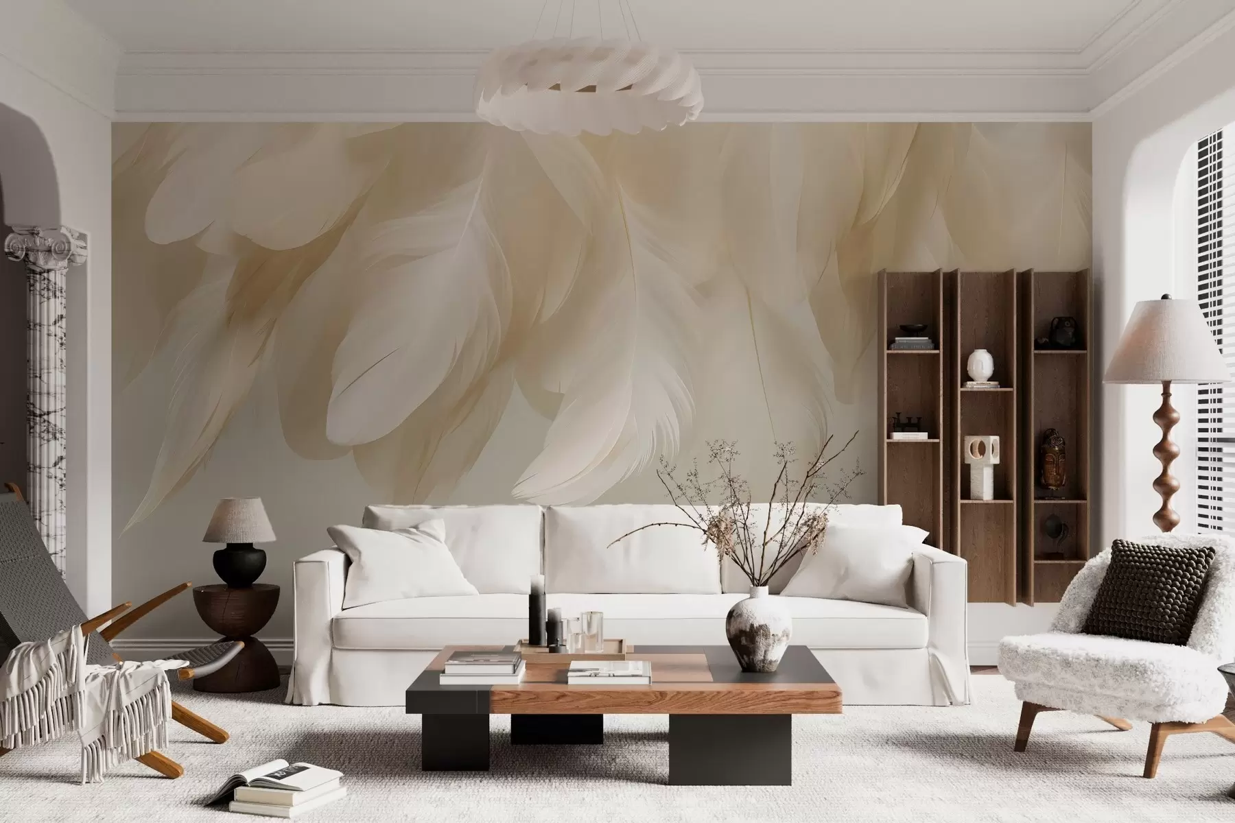 murales de pared Plumas colgantes exuberantes y delicadas en tonos relajantes. w04842