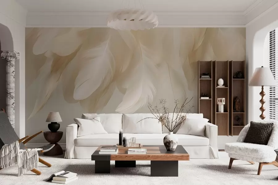 murales de pared Plumas colgantes exuberantes y delicadas en tonos relajantes. w04842