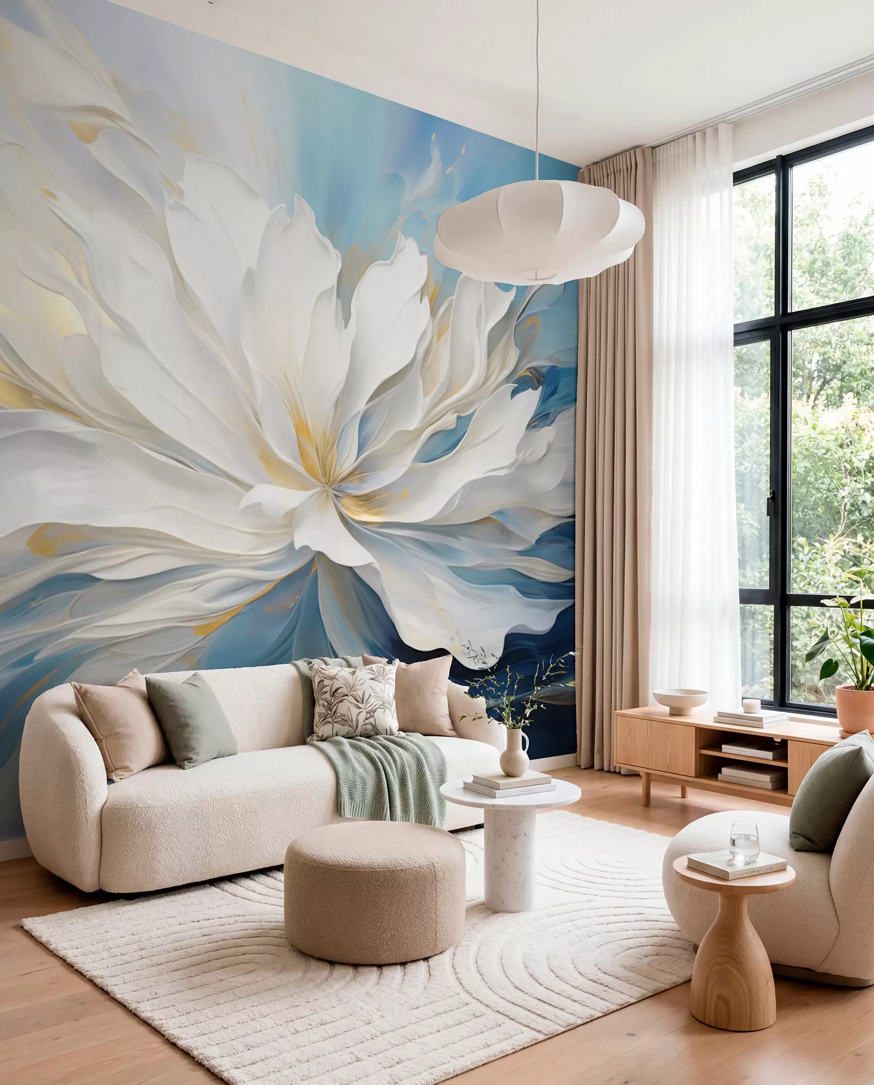 murales de pared Gran peonía blanca en estilo pintura al óleo sobre fondo azul y amarillo w09511