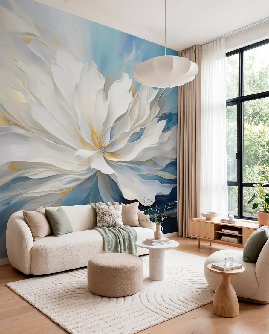 murales de pared Gran peonía blanca en estilo pintura al óleo sobre fondo azul y amarillo w09511