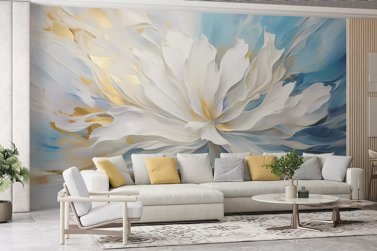 murales de pared Gran peonía blanca en estilo pintura al óleo sobre fondo azul y amarillo. w09511