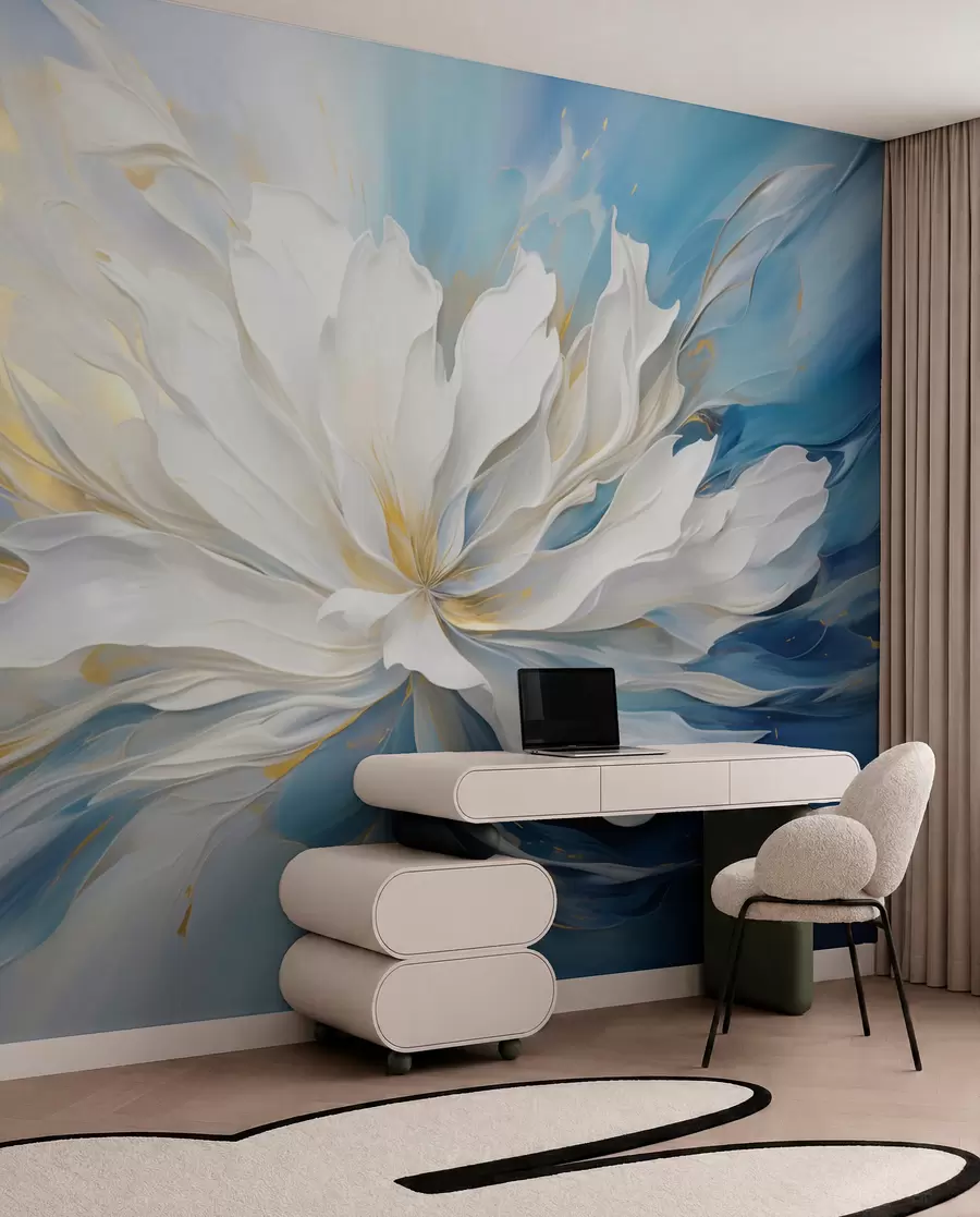 murales de pared Gran peonía blanca en estilo pintura al óleo sobre fondo azul y amarillo w09511