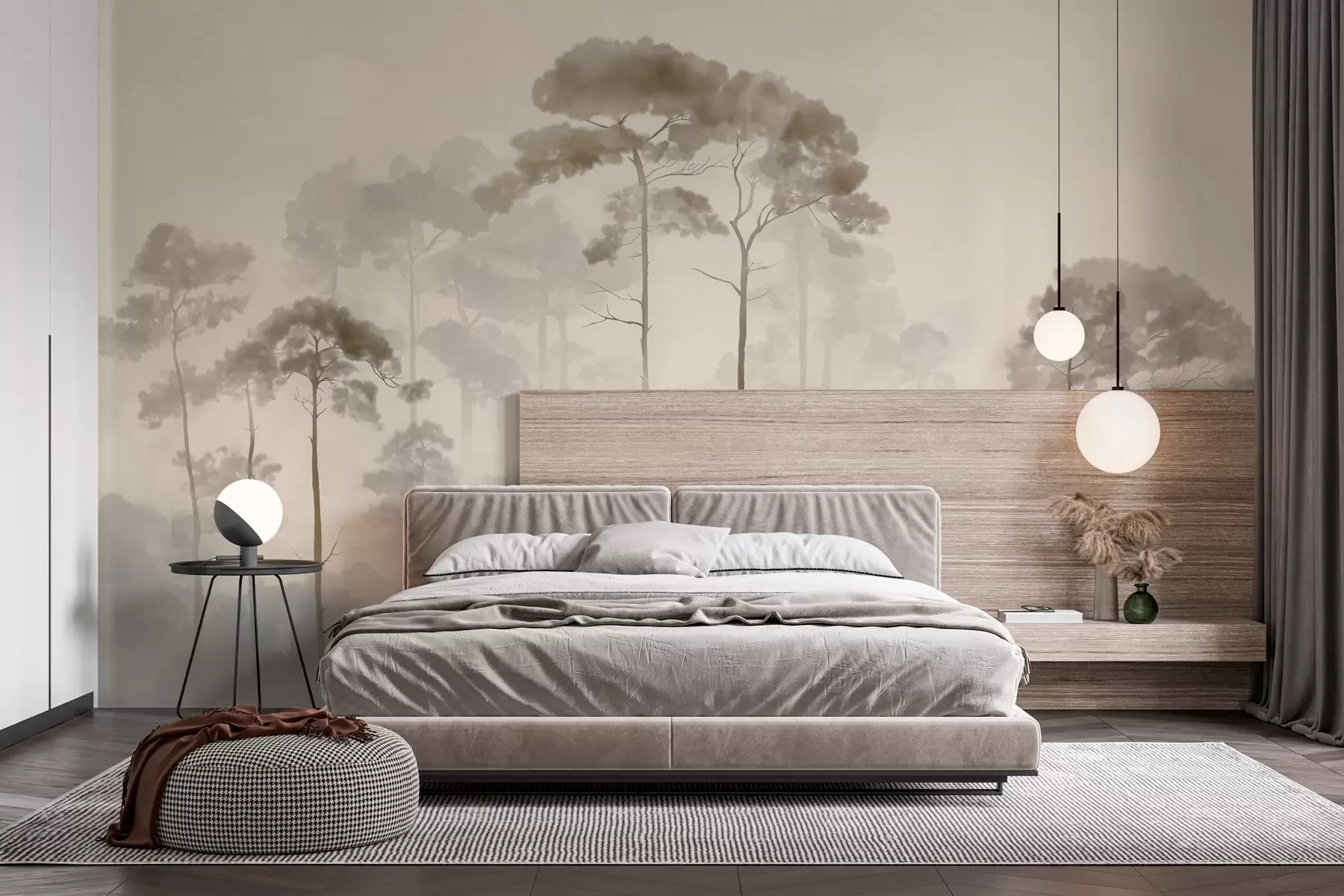 murales de pared siluetas ligeras de pinos en estilo acuarela w04634