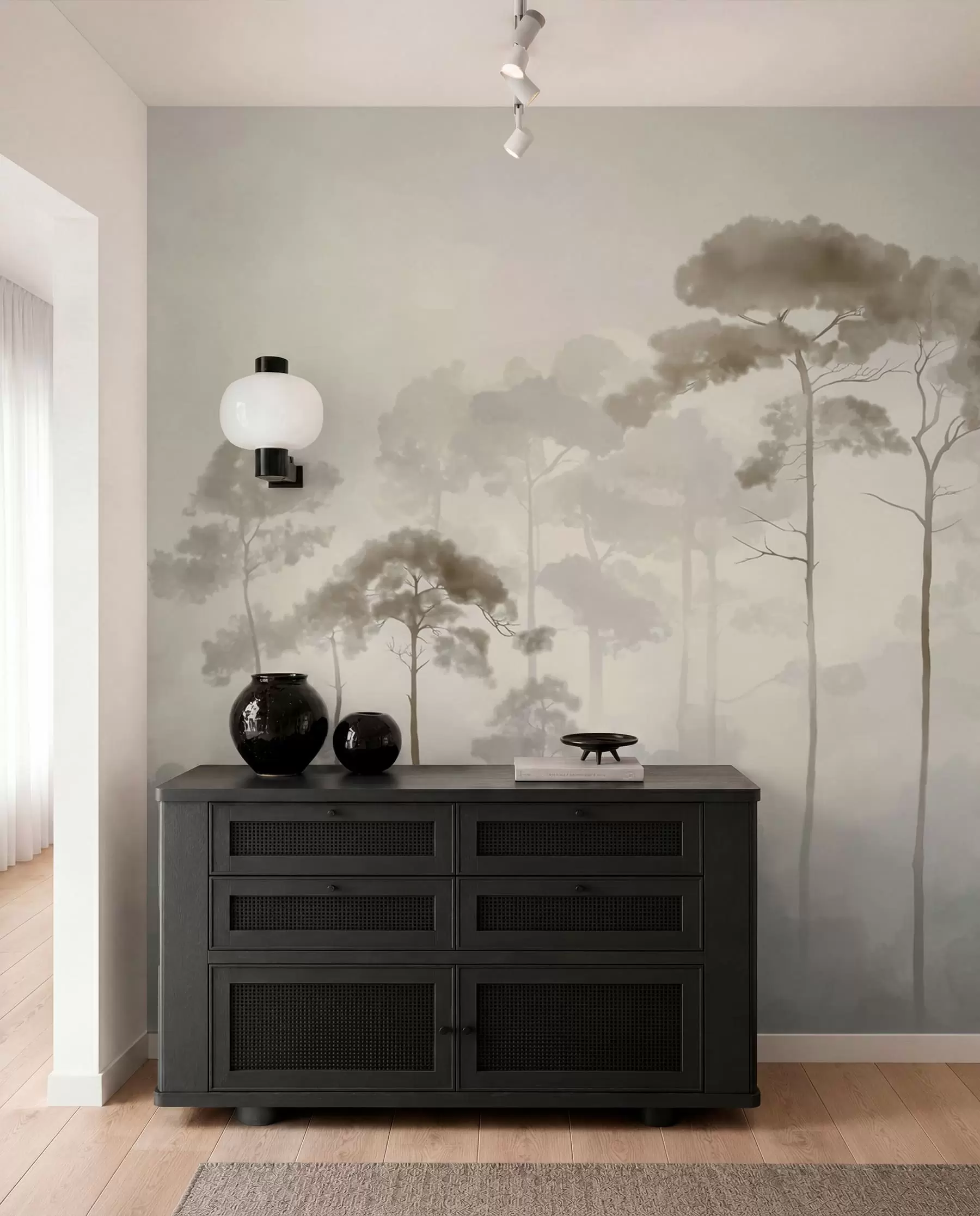 murales de pared Siluetas de pinos en bruma w04634