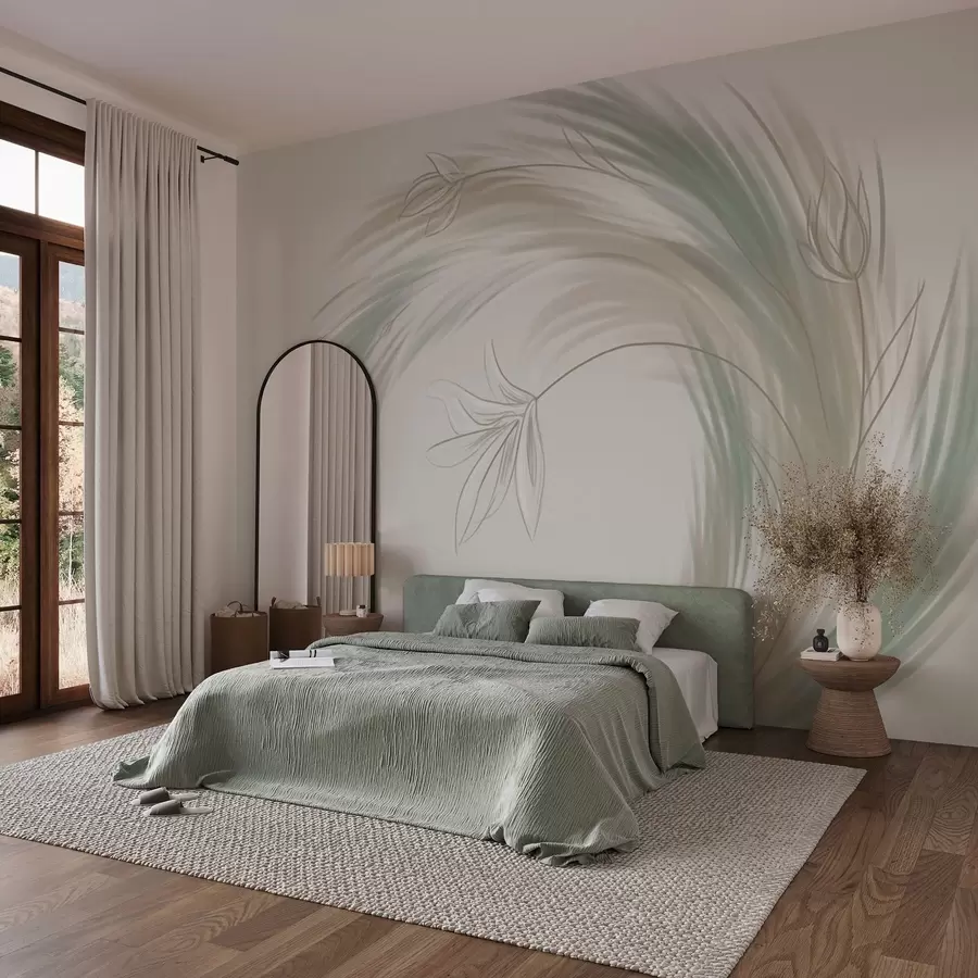 murales de pared Plumas y flores verdes y beige, pintadas a mano. w04816