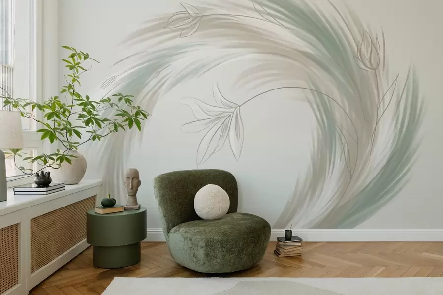 murales de pared Plumas y flores verdes y beige, pintadas a mano. w04816