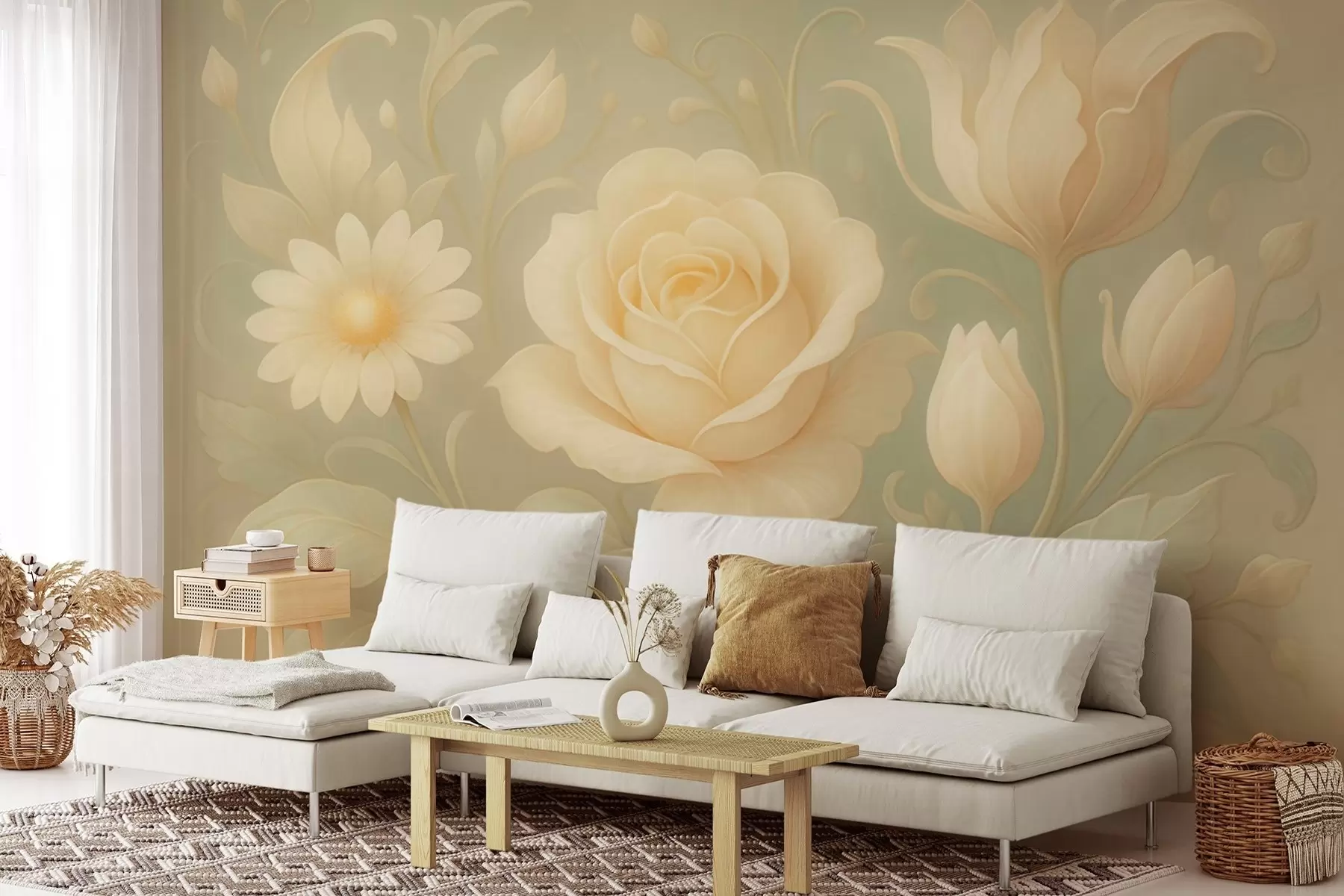 murales de pared Delicada composición vintage con rosas beige sobre fondo verde claro w09499