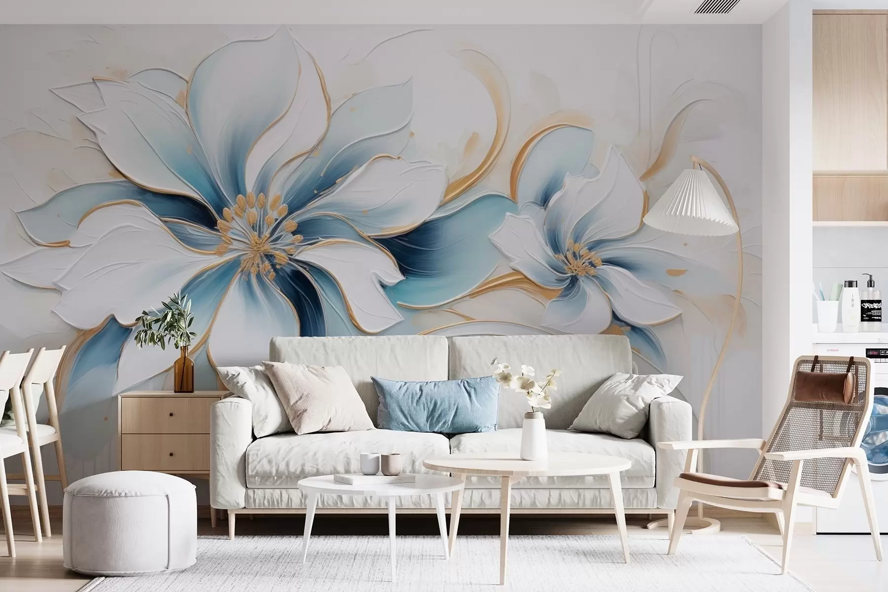 murales de pared Abstracción pictórica con flores azules en estilo de pintura al óleo w09524