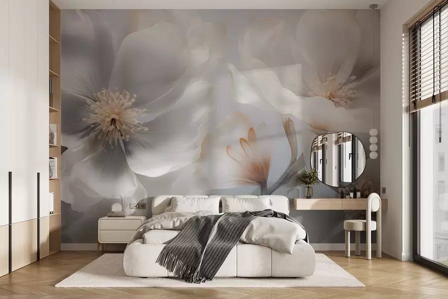 murales de pared Flores nacaradas en tonos beige grisáceo y crema lechoso. w09527