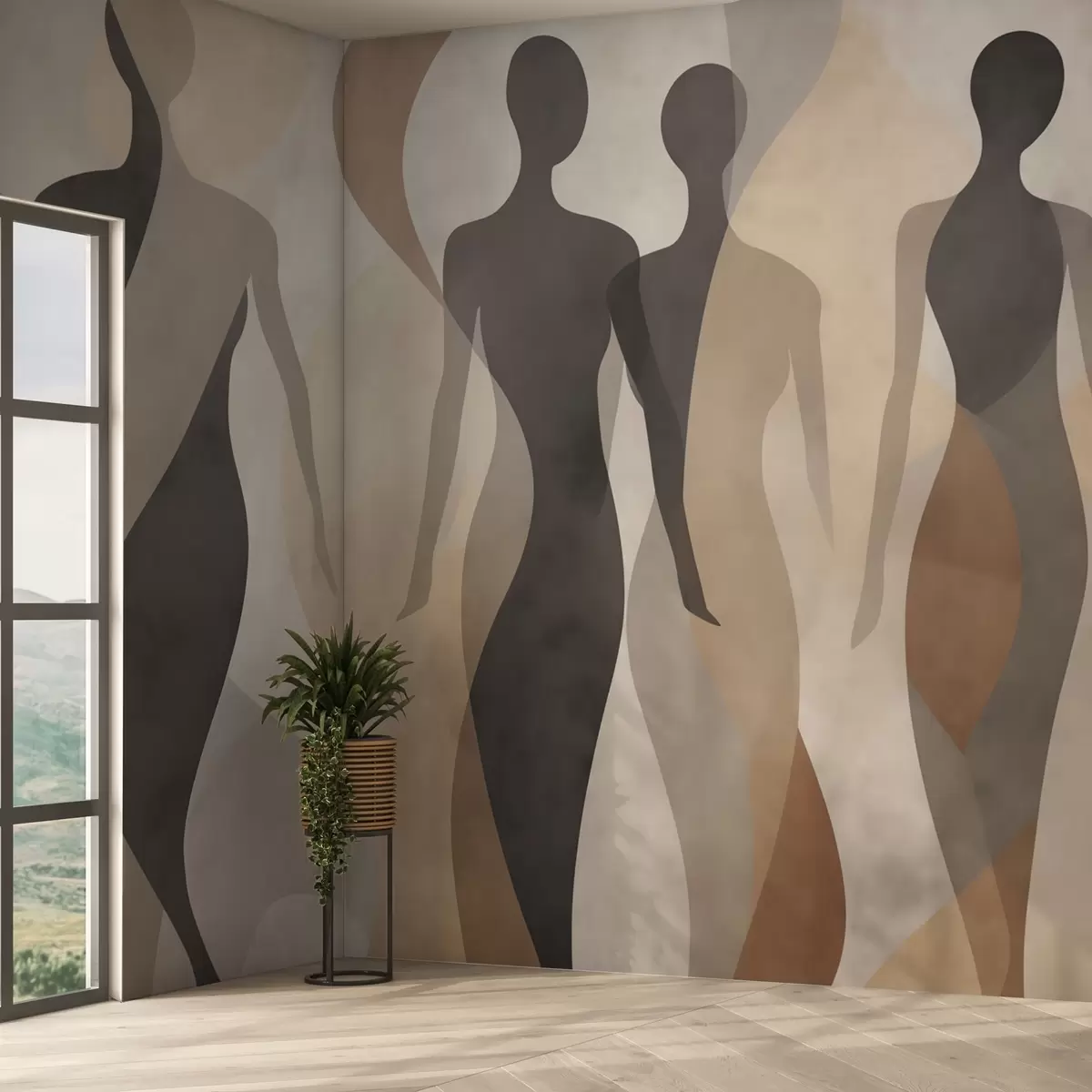 murales de pared Siluetas y suaves ondas en cálidos tonos beige grisáceos. w04787