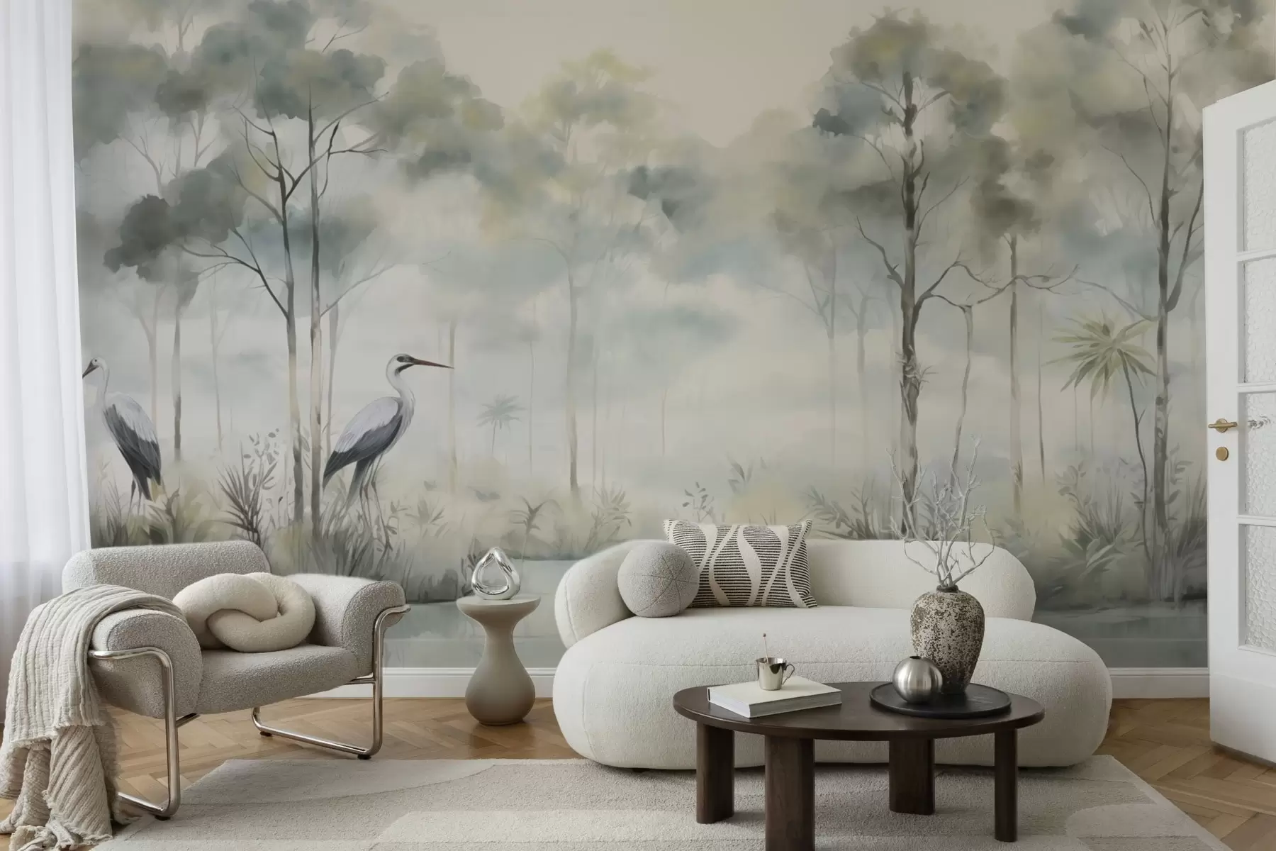 murales de pared Bosque brumoso junto al agua con garzas, paleta de colores suaves y fríos w04788