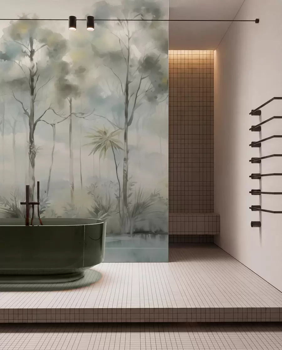 murales de pared Bosque brumoso junto al agua con garzas, paleta de colores suaves y fríos w04788
