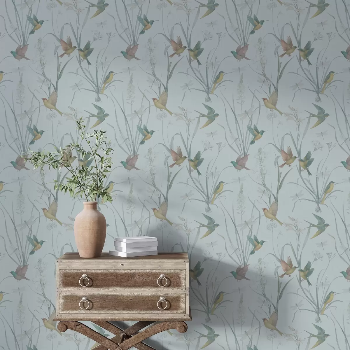 Papel pintado Pájaros entre la hierba del prado sobre un fondo gris azulado. a00776