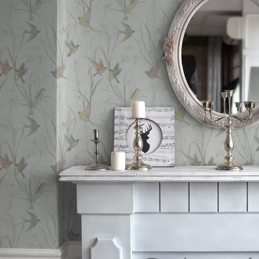 murales de pared Pájaros entre la hierba del prado sobre un fondo gris claro a00776v1