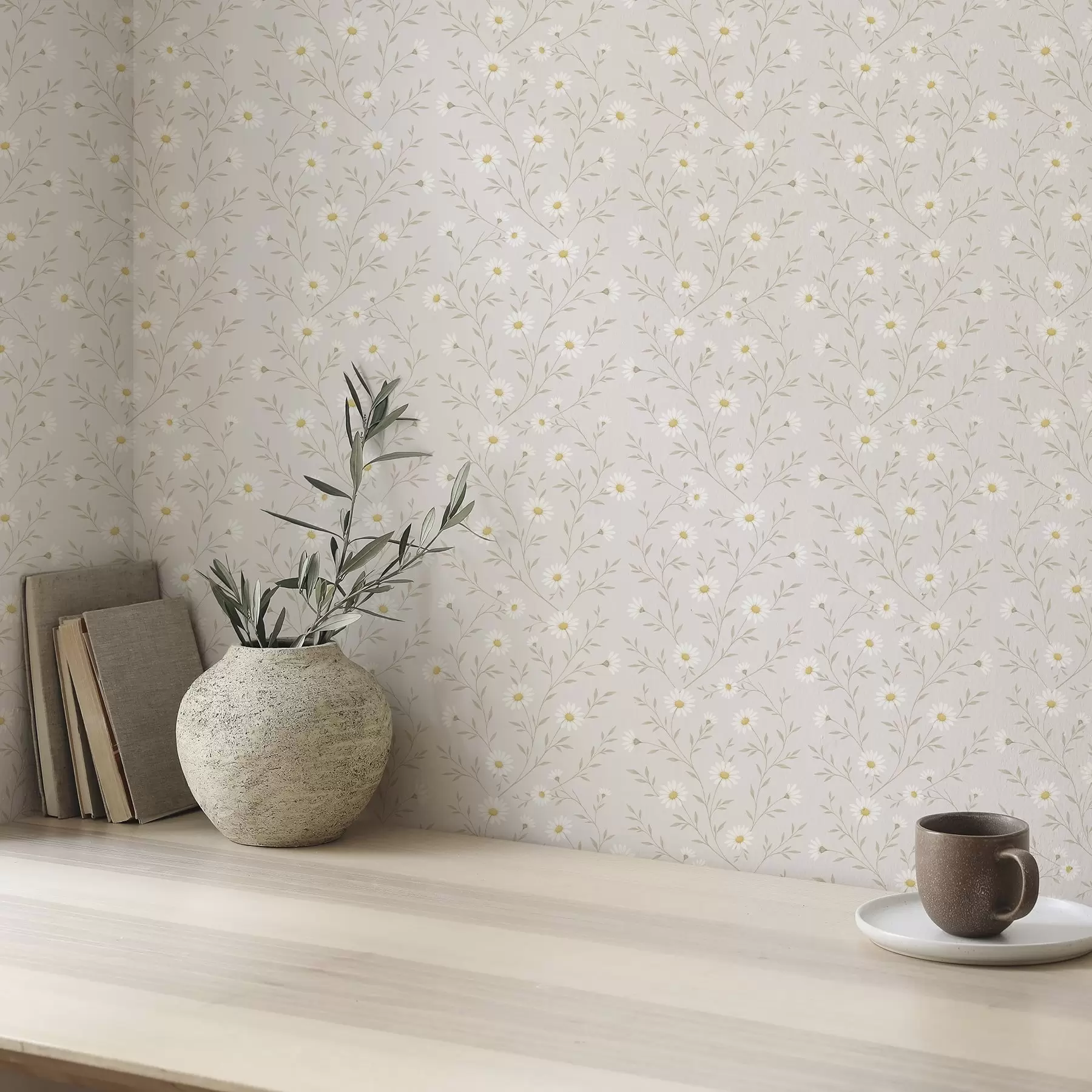 murales de pared Pequeñas margaritas en ramitas, beige cálido a00777