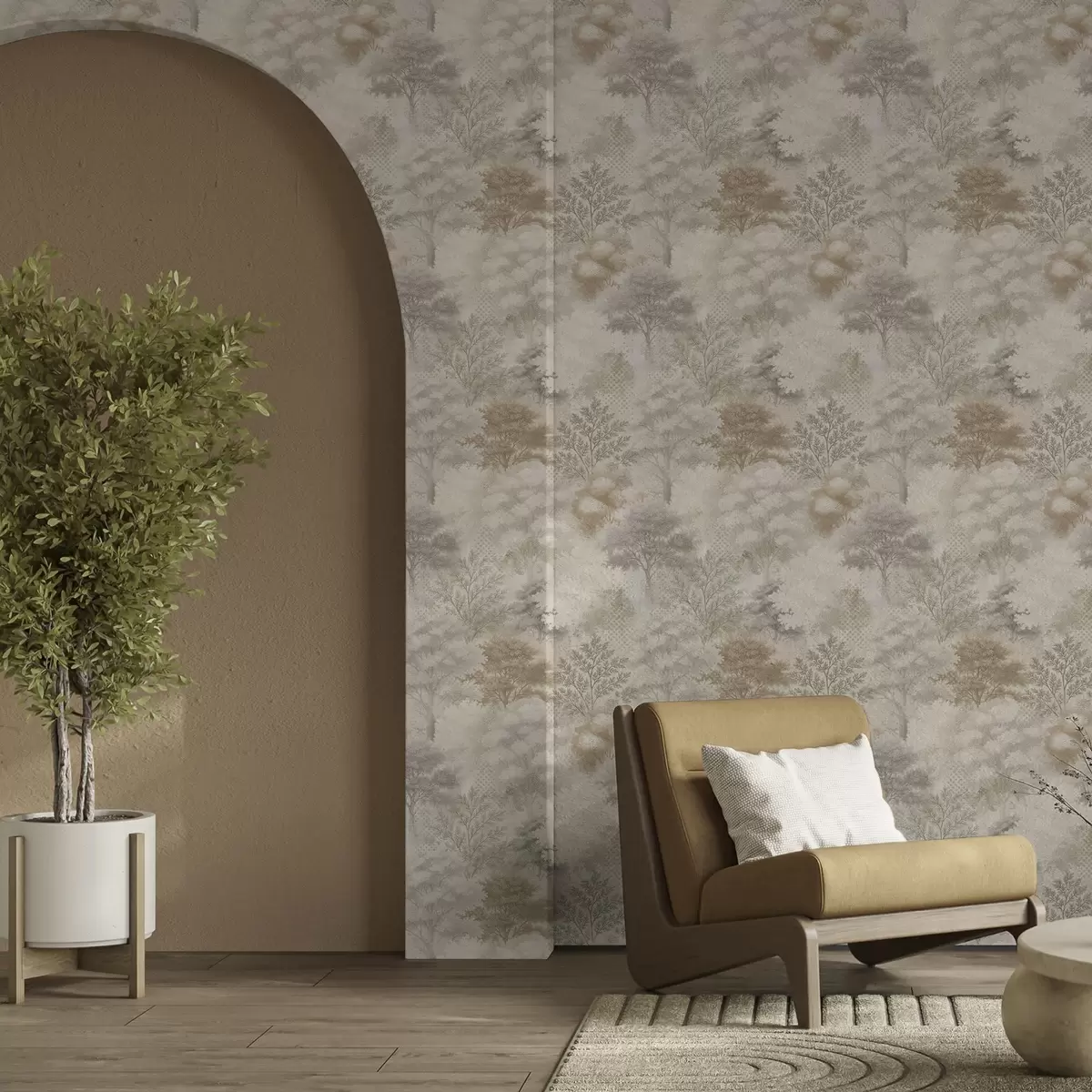Papel pintado Bosque apacible envuelto en niebla, suaves tonos beige y grisáceos. a00785