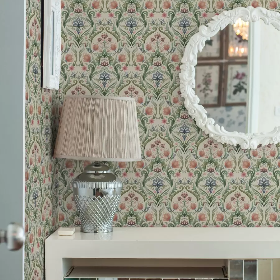 murales de pared Adorno floral simétrico, terracota y verde a00827